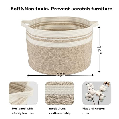 XUANGUO Extra Large Cotton Rope Round Storage Basket 22" x 14" | Woven basket for blankets, toys, towels, laundry, nursery, living room and pet toy storage. - color: white and brown