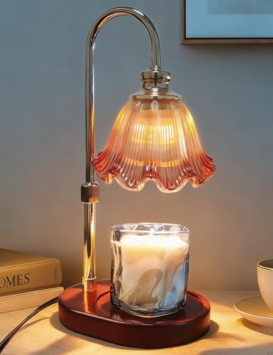 Banbanda Candle Warmer Lamp with Timer Dimmable: Birthday Gifts for Women, Safe Flameless Scent Lamp – Height Adjustable Candle Lamp, Walnut Solid Wood Base, with 2 Bulbs - color: Amber