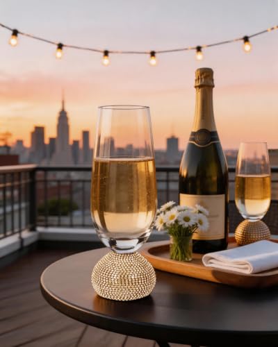 Stemless Fancy Champagne Flutes set of 4,Luxury Crystal Wedding Glasses | 10 oz Hand Blown Unbreakable Mimosa Glasses,for Weddings, Anniversaries, Christmas, Special Days (Gold Clear) - color: Gold Champagne glass