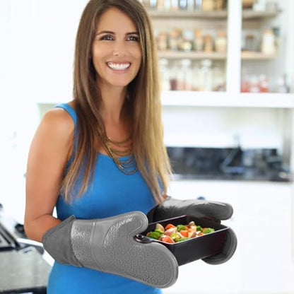 BPA-Free Soft Silicone Oven Mitts - Ultra Heat Resistant Oven Mitts with Thick Cotton Liner - Extra Long Slip Resistant Pot Holders, Flexible Oven Gloves - Gray 14.7" - color: Gray, size: 2-Piece 14.7" Oven Mitts