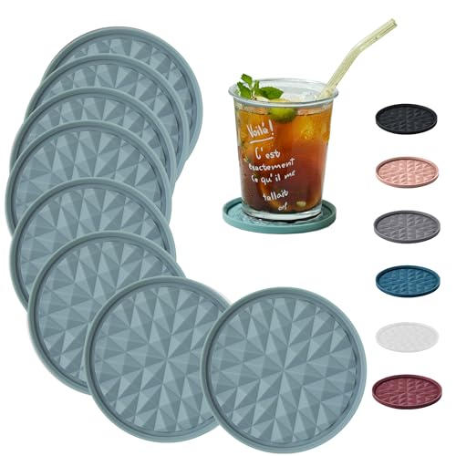 Silicone Drink Coasters Set of 8, Coaster for Desk | Prevents Condensation&Spills, Non-Slip, Reusable&Easy Clean, Diamond Pattern, Living Room&Kitchen Decor, Gift, Light Blue - color: Light Blue, size: 8×3.9inches