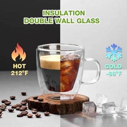 Mfacoy Glass Double Wall Insulated Espresso Cups (Set of 2), 5.4 oz Shots Cup with Handle, Insulated Glasses Mugs, Small Coffee Cups, Shot Glass - size: Espresso Cups