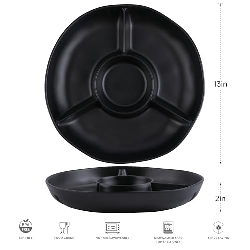 Chip & Dip Serving Tray Set, 4 Sectional Round Melamine Serving Platter, Relish Tray, Round Compartment Appetizer platter for Veggies, Candy and Snacks, Matte Black, Set of 2 - color: Black Rround Divided Tray