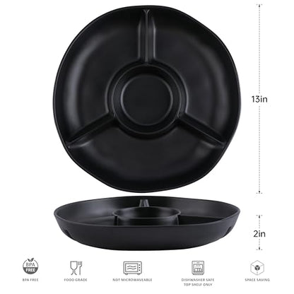 Chip & Dip Serving Tray Set, 4 Sectional Round Melamine Serving Platter, Relish Tray, Round Compartment Appetizer platter for Veggies, Candy and Snacks, Matte Black, Set of 2 - color: Black Rround Divided Tray