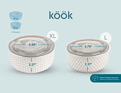 KooK Serving Bowls, with Lids, Ceramic Nesting Bowls, Set of 4, Embossed, Kitchen, Prep, Stackable, Gift, Microwave and Dishwasher Safe, 10/16/29/47 oz, Narbonne Collection (Ivory) - size: 47 Oz