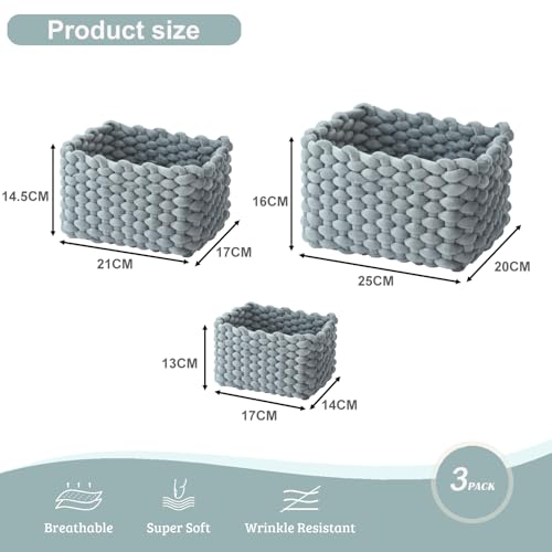 hand-knitted velvet rope storage basket set of 3 - soft cotton rope desktop cosmetics organizer box - nesting multi-functional storage basket (Light gray) - color: Light Gray