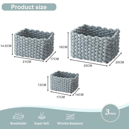 hand-knitted velvet rope storage basket set of 3 - soft cotton rope desktop cosmetics organizer box - nesting multi-functional storage basket (Light gray) - color: Light Gray