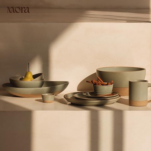 MORA Mega and Giant Serving Dishes Set of 2, 16 inch and 14 inch Ceramic Pottery Oval Platters - Microwave, Oven and Dishwasher Safe - Thyme & Mushroom - color: Thyme & Mushroom, size: Mega & Giant