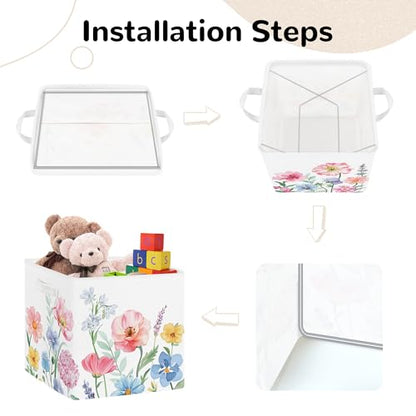 Clastyle 11.8" Flower Storage Basket Set of 3 for Kid Women Toy Clothes Bin | Collapsible Fabric Book Bin, Metal Frame Bottom Board, Cube Organizer, Closet Nursery Pantry Shelf Bedroom, Watercolour - color: Watercolour