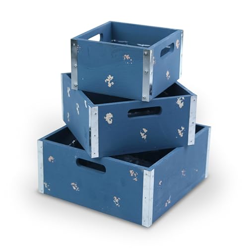 wald imports - Set of 3 Blue Wooden Crates for Storage - Decorative Wooden Crate Set for Home Decoration & Display - Vintage Storage for Household Goods - color: Blue