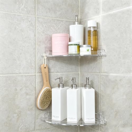 JiePai Adhesive Acrylic Corner Shower Caddy 2 Pack, Rustproof Bath Shelf | Thick clear acrylic, rustproof & mildew resistant. No-drill adhesive mount for corner. For shower, kitchen or bathroom - size: Corner Shelf 2 Packs