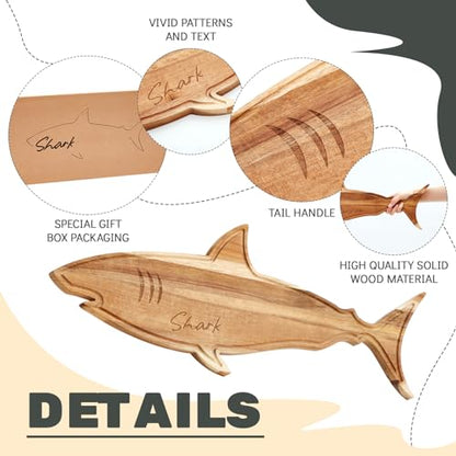 Funny Shark Charcuterie Board for Cutting Serving Cheese Meat Housewarming Gift Acacia Wood Decorative Charcuterie Board for Kitchen Birthday Xmas Wedding Parties, 24 x 9.1 x 0.6"(Grooved) - style: Grooved