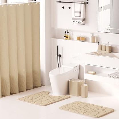 XLHOMO Bathroom Accessories Set - 25PC Bathroom Sets with Shower Curtain and Rugs, Beige Bathroom Set with Trash Can, Soap Dispenser, Soap Dish & Toilet Brush - size: Bath Set+Shower Curtain+Rugs, style: Beige&Silver