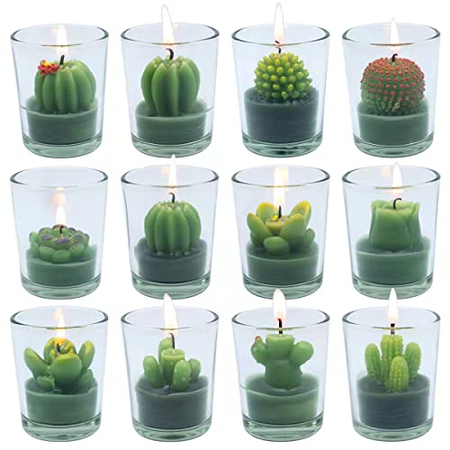 Cute Succulent Cactus Tealight Candles in Clear Glass Jar, 12Pcs Green Novelty Decorative Votive Candles for House-Warming Party Wedding Baby-Shower and Home Decoration Gifts - color: Green, size: 1.8ozx12pcs