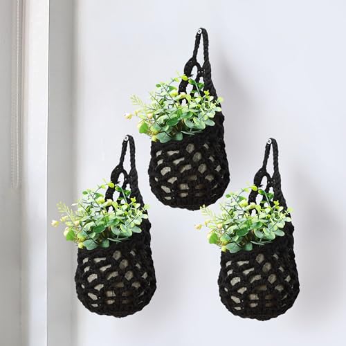 3 Packs Macrame Wall Plant Hanger for 4 in, Small Hanging Plant Basket | Wall Planters for Indoor Plants, Small Plant Hanger, Small Wall Planter, Macrame Plant Hanger, Plant Hanger Indoor - color: Black X 3pc