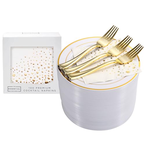 Gold Dessert Plates Set, 100 Wedding Plates, Forks and Napkins, 7.5 Inch | Sturdy plastic, cake service, appetizer tables, salad course, weddings, birthdays, easy cleanup - color: Gold, style: Plates,Forks and Napkins