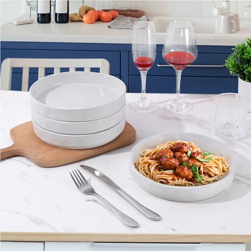 LIANYU 8.25" Wide Shallow Pasta Bowls Set of 4, Deep Dinner Salad Plates | Large Ceramic Serving Bowls Plates, Microwave & Dishwasher Safe, Polar White - color: Polar White