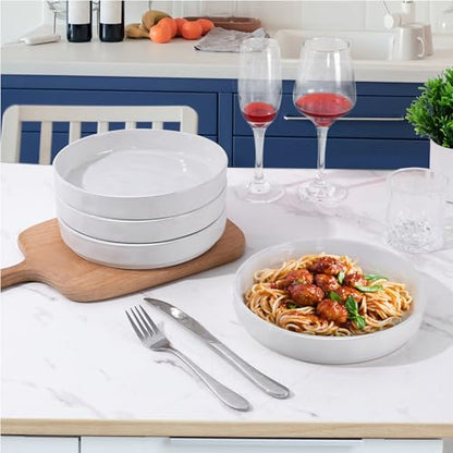 LIANYU 8.25" Wide Shallow Pasta Bowls Set of 4, Deep Dinner Salad Plates | Large Ceramic Serving Bowls Plates, Microwave & Dishwasher Safe, Polar White - color: Polar White