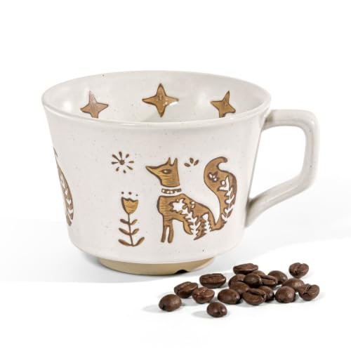 AGH Vintage Ceramic Coffee Mug with Handle, 11oz Hand Painted Flower Stoneware Tea Cup Unique Cute Ceramic Coffee Travel Mug for Tee Latte, Microwave Dishwasher Safe (Orange Fox) - color: Orange Fox