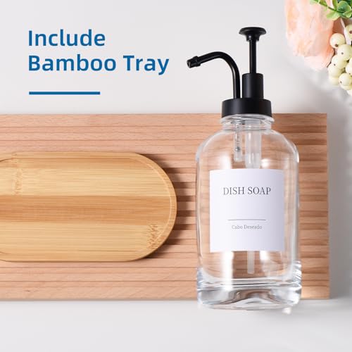Glass Soap Dispenser with Upgrade Pump, Hand and Dish Soap Dispenser for Bathroom Kitchen, Soap Dispenser Set with 9 Stickers Funnel Bamboo Tray 500ml 18oz Clear - color: Clear