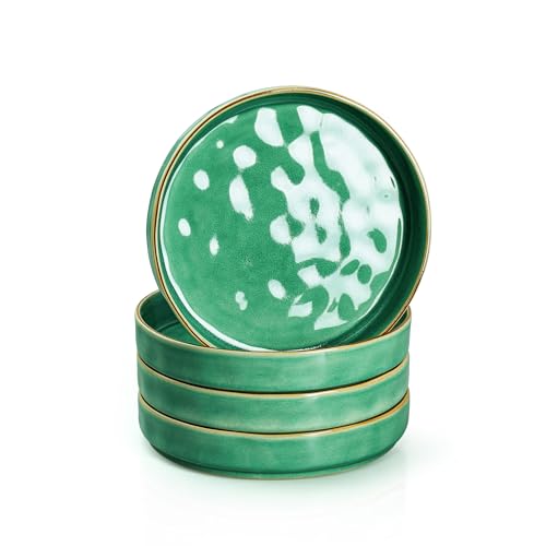 E-far Pasta Bowls Set of 4, 30oz Shallow Salad Bowls for Dinner Serving, 8.25" Stoneware Ceramic Bowl Plates for Noodle Soup, Microwave & Dishwasher Safe, Reactive Glaze, Green - color: Green