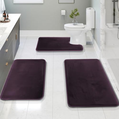Clara Clark 3 Piece Bathroom Rugs Bath Mat Set, Velvet Memory Foam Bath Mats for Bathroom - Non-Slip, PVC Backing Bath Rugs, Washable - Dries Quickly, Purple - color: Dark Purple
