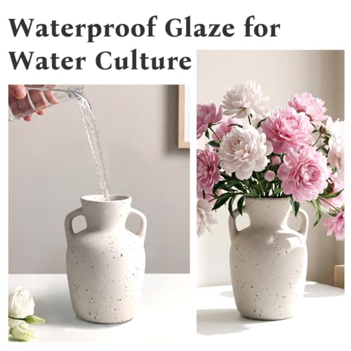 Ceramic Flower Vase with Handles, Tall White Vase, Large Decorative Terracotta Vases, Farmhouse Rustic Pottery Vases for Home Decor, Living Room - size: 7"h