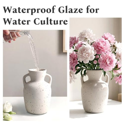 Ceramic Flower Vase with Handles, Tall White Vase, Large Decorative Terracotta Vases, Farmhouse Rustic Pottery Vases for Home Decor, Living Room - size: 7"h