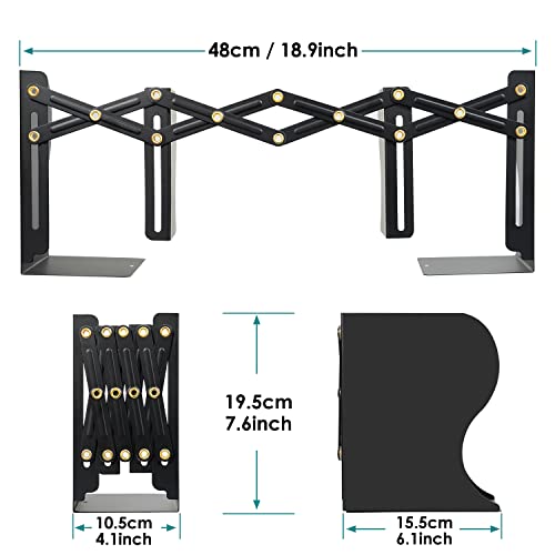 Hossejoy Adjustable Bookends, Heavy Duty Metal Book Ends, Expandable Bookcase Book Holder Stand Shelf Rack for Student Office Book File Organizer Storage, Extends up to 19 inches (Black)