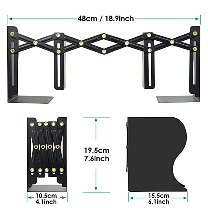 Hossejoy Adjustable Bookends, Heavy Duty Metal Book Ends, Expandable Bookcase Book Holder Stand Shelf Rack for Student Office Book File Organizer Storage, Extends up to 19 inches (Black)