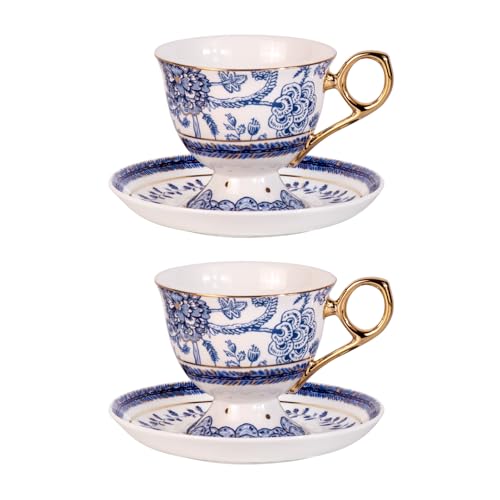 KAMMAK Tea Cups and Saucers Set of 2, Fine Bone China Coffee Cups, 572N | Stackable Espresso Mugs, Ceramic Demitasse for Coffee, Cappuccino, Latte, Americano, Tea - size: 7KPSP572N