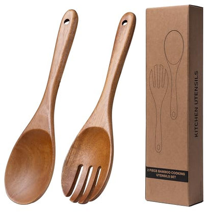 2 pcs Wooden Spoons for Cooking, 10.5 Inch wooden Salad servers of ladle and Fork Set, Acacia Wood Salads Kitchen Serving Utensils Set for Tossing, Mixing and Cooking - color: Acacia Wood
