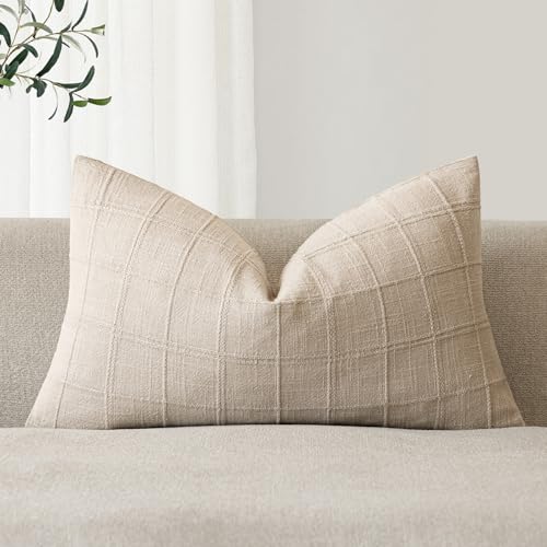 Foindtower Set of 1 Decorative Linen Check Throw Pillow Cover Neutral Farmhouse Lumbar Cushion Cover Modern Boho Home Decor for Sofa Chair Couch Bedroom Living Room,12×20 Inch,Natural Linen - color: Natural Linen, size: 20" x 12" (Pack of 1)