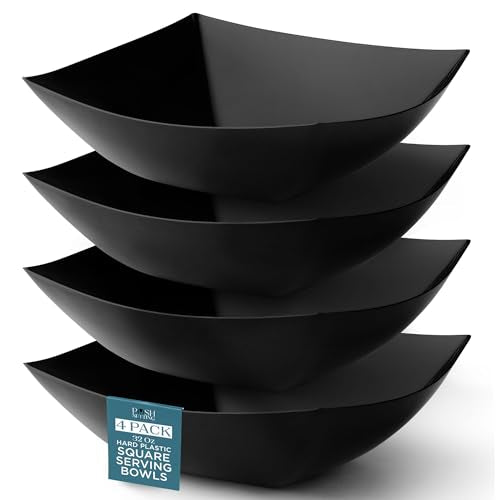 4 Pack Disposable Black Plastic Serving Bowls Square Party Candy Use 32oz | Square Design. Disposable Party Tableware. Salad, Fruit & Candy Use. Candy Buffet Containers. Black Plastic. - color: Black, size: 32 OUNCE