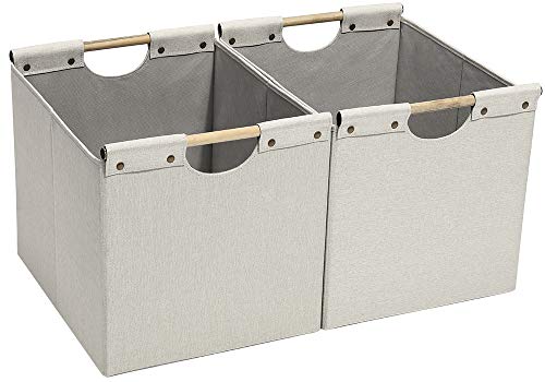 HOONEX Large Foldable Storage Bins, Linen Fabric, 2 Pack, with Wooden Carry Handles and Sturdy Heavy Cardboard, for Home, Office, Car, Nursery, Beige - color: Beige