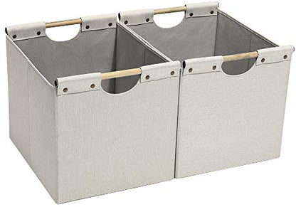 HOONEX Large Foldable Storage Bins, Linen Fabric, 2 Pack, with Wooden Carry Handles and Sturdy Heavy Cardboard, for Home, Office, Car, Nursery, Beige - color: Beige