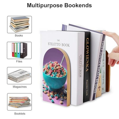 Cereal in Bowl Book Ends for Shelves Heavy Duty Non-Slip Wooden Bookends with Metal Base Modern Decorative Wooden Book Holders Book Stopper for Home Office And Library,Books Shelf Holder Organizer Acc
