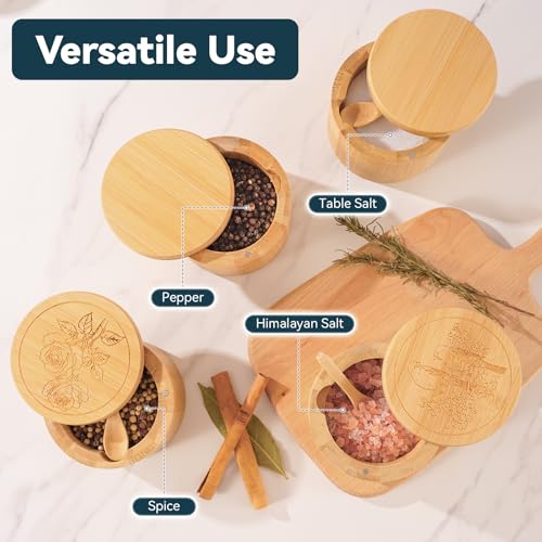Salt Cellar, 2PCS Salt Container Bamboo Salt and Pepper Box for Countertop with Built-in Spoon & Swivel Lid, Spice Seasoning Storage Bowl, Elegant Salt Holder (Rose & Bird Engraving) - color: Bamboo Bird and Rose Set