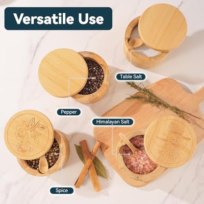 Salt Cellar, 2PCS Salt Container Bamboo Salt and Pepper Box for Countertop with Built-in Spoon & Swivel Lid, Spice Seasoning Storage Bowl, Elegant Salt Holder (Rose & Bird Engraving) - color: Bamboo Bird and Rose Set