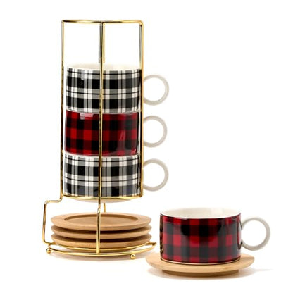 LUKA Porcelain Espresso Cup with Metal Stand,6 Ounce Stackable Ceramic Demitasse Espresso Mugs Cappuccino Cups Set for Latte,Coffee,Cafe Mocha,Tea - Set of 4 (Plaid Red & Gray) - color: Red Black Plaid