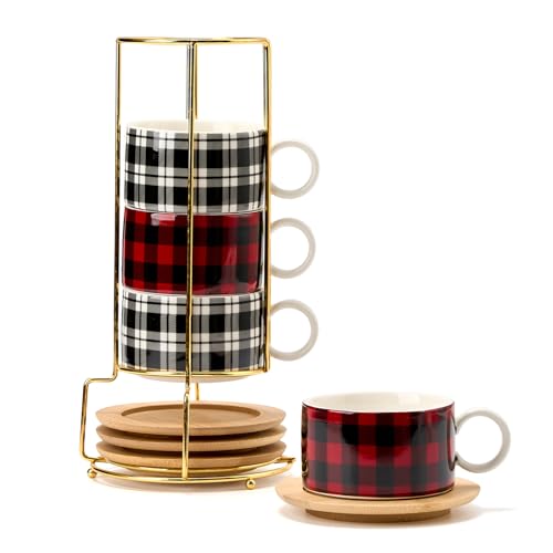 LUKA Porcelain Espresso Cup with Metal Stand,6 Ounce Stackable Ceramic Demitasse Espresso Mugs Cappuccino Cups Set for Latte,Coffee,Cafe Mocha,Tea - Set of 4 (Plaid Red & Gray) - color: Red Black Plaid