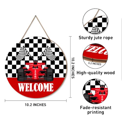 Welcome Race Car Black White Checkered Wood Hanging Sign Home Decor | Race Car Wooden Door Sign Decorations for Home Entryway Yard Porch