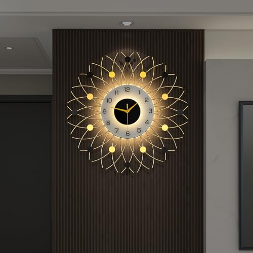 Large Gold Starburst Wall Clcok with Light for Living Room Decor | 24 Inch Big Luxury Decorative Wall Clock Battery Operated Non Ticking Silent Modern Luminous Clock for Kitchen Office Home - style: Modern
