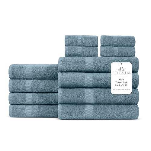 Villa Celestia 12-Piece 100% Cotton Towel Set, 4 Bath Towels, 4 Hand Towels, 4 Wash Cloth, Quick-Dry, Blue - color: Blue, size: Towel Set - Pack of 12