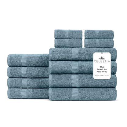 Villa Celestia 12-Piece 100% Cotton Towel Set, 4 Bath Towels, 4 Hand Towels, 4 Wash Cloth, Quick-Dry, Blue - color: Blue, size: Towel Set - Pack of 12