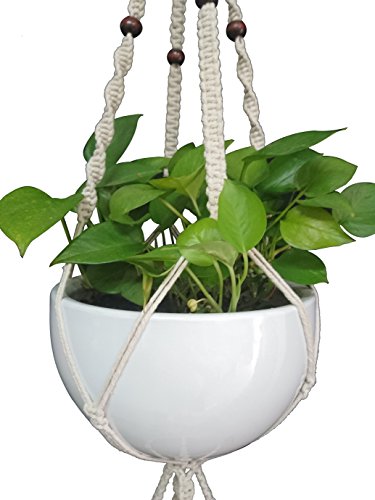 1 PCS Macrame Plant Hanger & Holder, Hanging Planter 4 Legs Double Deck for 8 inch to 10 inch Two Pots Indoor Outdoor Hanging Planter Hemp Rope 67 Inch with Metal Ring (Cotton) - color: Beige
