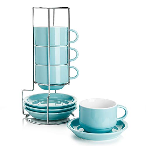 Sweese 8 Ounce Porcelain Stackable Cappuccino Cups with Saucers and Metal Stand - for Specialty Coffee Drinks, Cappuccino, Latte, Americano and Tea - Set of 4, Turquoise - color: Turquoise, size: 8 Ounces