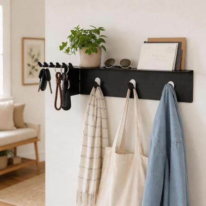 Wall Mounted Coat and Key Rack, Durable Entryway Hanger for Hats & Bags | Entryway Shelf with Hooks, Wall Organizer for Keys, Coats, Bags, Multi-Use Storage & Décor Shelf for Hallway, Bedroom, Office