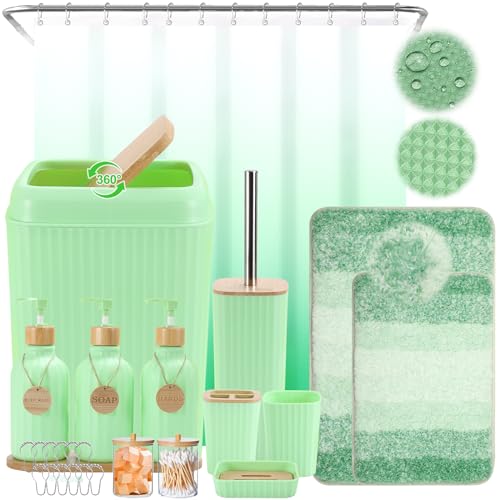 32PCS Green Bathroom Accessories Set with Shower Curtain,Rugs,Trash Can,3PCS Lotion Soap Dispenser, Toothbrush Holder, Soap Dish,Tumbler Cup,6PCS Wood Tags Bath Accessories with Tray for Bathroom - size: Bath Set+Shower Curtain+Bath Rugs, style: Green