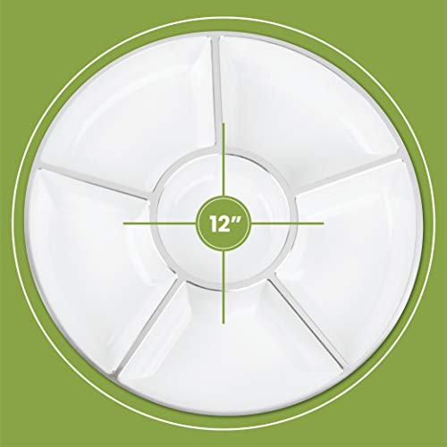 6 Sectional Round Plastic Serving Tray/Platters White W Silver Rim 4 Pack - color: White & Silver